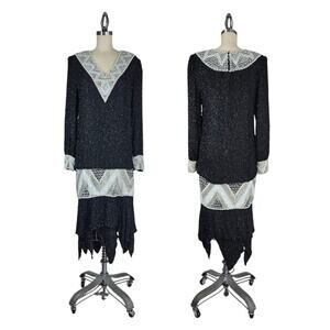 VTG Judith Ann Creations Beaded Silk Dress M Black Drop Waist Elegant Glam READ